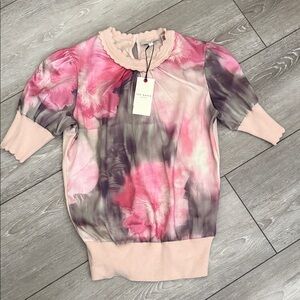 Ted Baker Pink & Gray Floral Scalloped-Neck Knit Top European size 1 nwt
